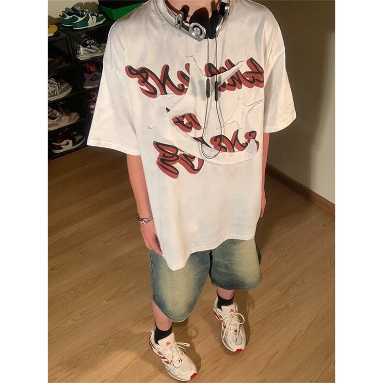 网图有货美式复古街头做旧刺绣短袖T恤男女情侣宽松上衣A554-P37,男装T恤,星座1505