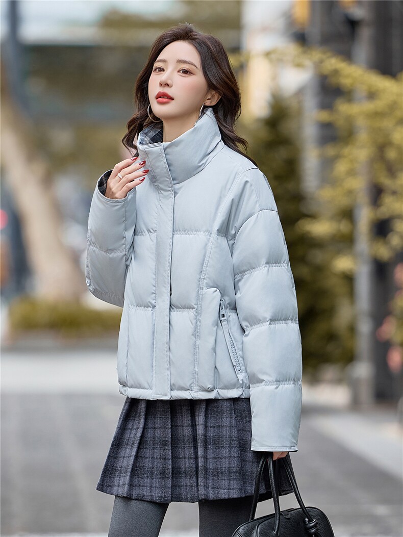 bao款现货2025冬装新款简约时尚格纹拼接立领羽绒服小个子外套,女装羽绒服,难舍钰依