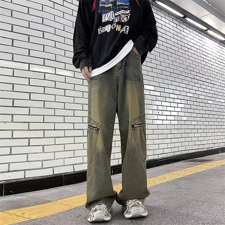 美式复古高级感拼接秋冬牛仔裤男宽松高街阔腿垂感直筒裤长裤图片