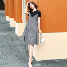 新款2021年夏季韩版假两件中裙短袖圆领口袋连衣裙,女装连衣裙,蓝诺裳