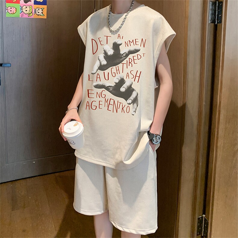 直播美式麂皮绒宽松背心无袖t恤短裤大码两件套套装TZ34-P58,男装T恤,电商A486