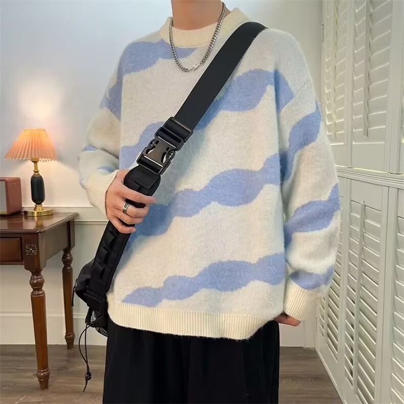 撞色条纹红色毛衣男秋冬季针织衫oversize套头情侣外套M5612/P52,男装针织衫/毛衣,星座506