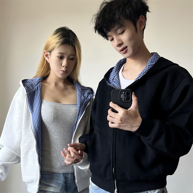 抖音得物高品质二开 26春季美式潮牌两面穿连帽卫衣开衫男女外套图片