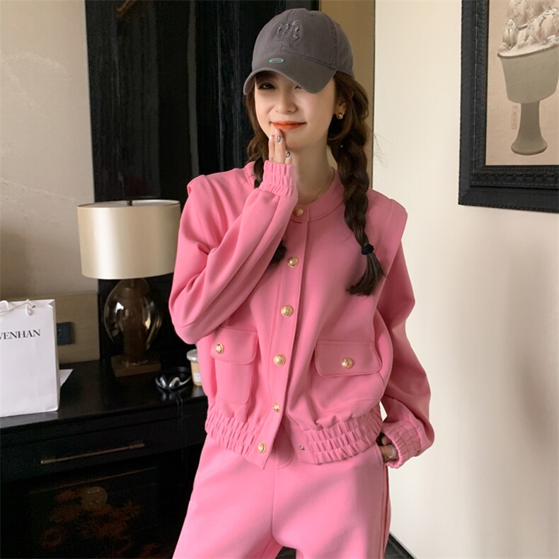 欧货套装2024春秋季新款粉色时尚运动外套女阔腿裤洋气休闲两件套，女装套装/套裙，帛香坊