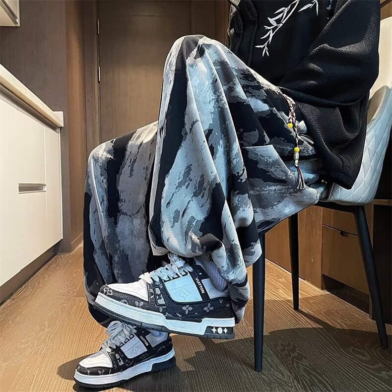 青少年宽松腰休闲裤直筒潮新中式风扎染水墨纹灯笼裤垂感X902图片