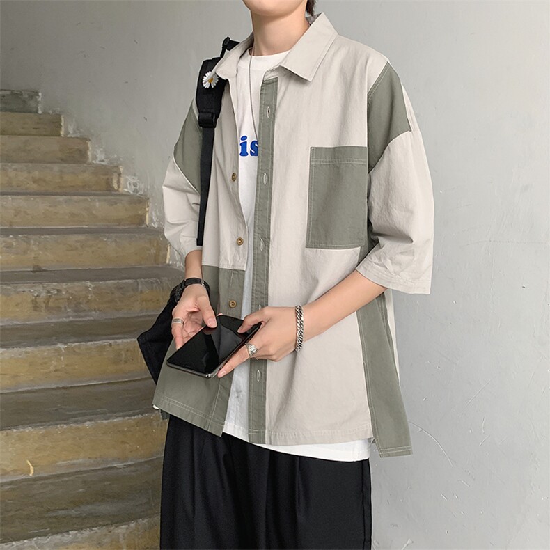现货2022春夏休闲拼接工装衬衫ins衬衣文艺短袖男外套W684-P30,男装衬衫,星座512-2