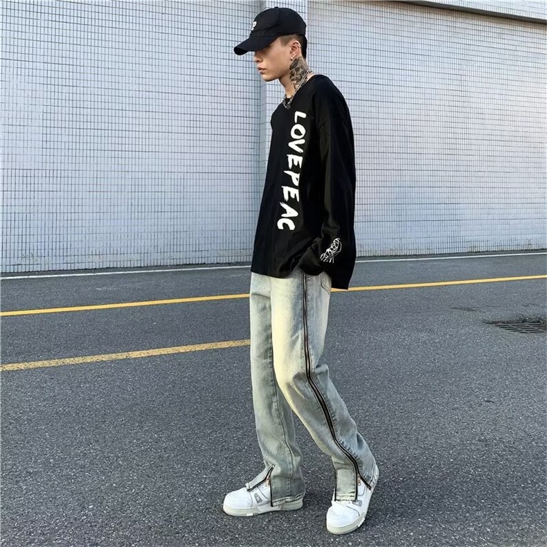 牛仔裤男秋季潮大码休闲裤子高街设计感裤NT283P55,男装牛仔裤,星座1116-2