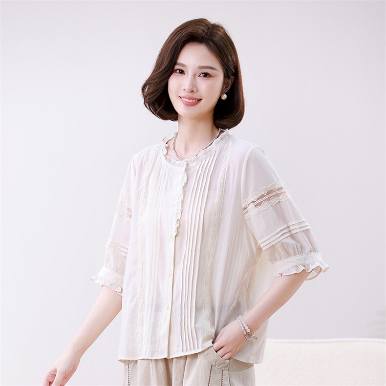 优雅蕾丝拼接宽松显瘦短袖衬衫女夏季新款甜美百搭上衣,女装衬衫,叶笙衣