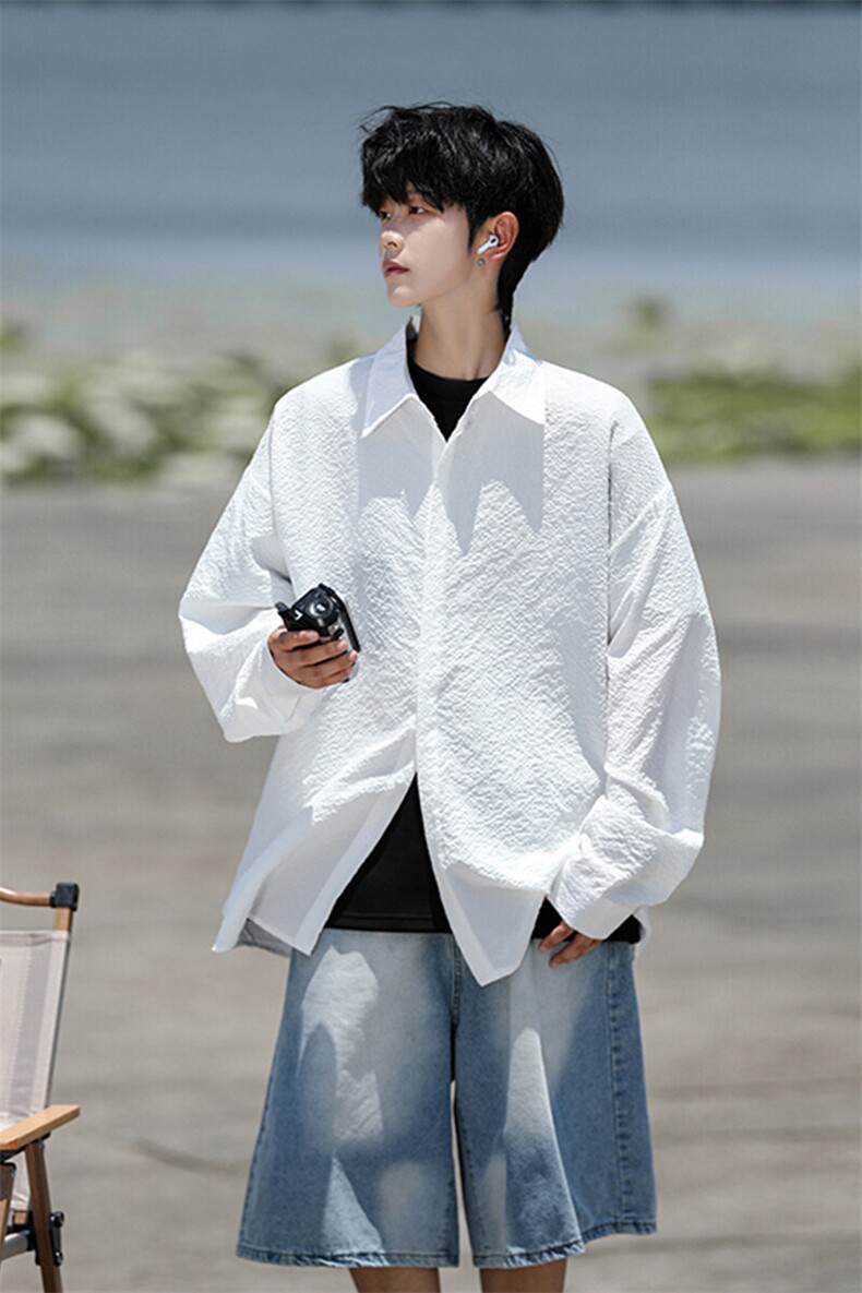 8XL-M泡泡纱盐缩肌理长袖衬衫男夏季冰丝外套防晒衬衣CS29007P40,男装衬衫,电商B312
