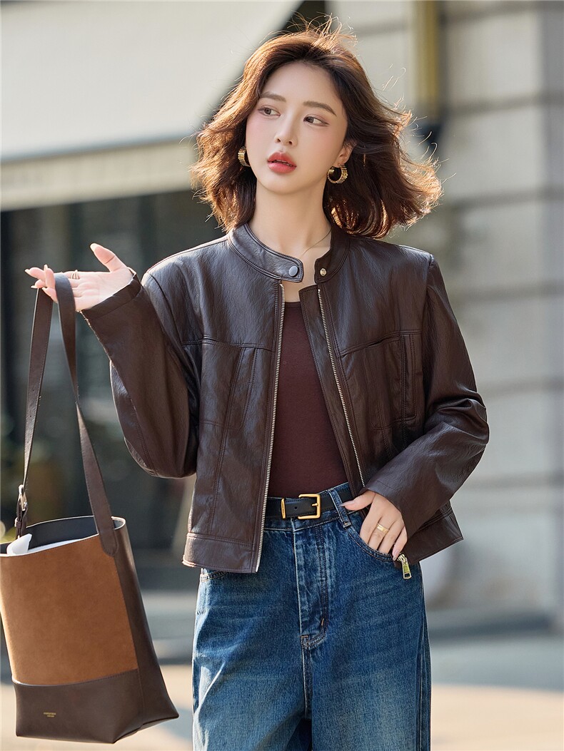 2025年秋季新款时尚机车范儿短款皮衣外套女,女装皮衣,美沁