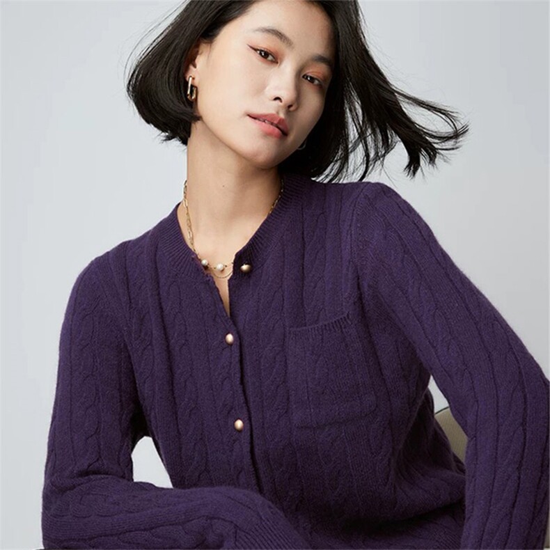 优雅女士羊毛开衫纯色圆领设计休闲时尚百搭款,女装羊毛衫,泰沅羊绒