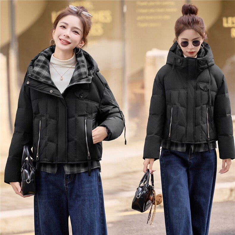 现货2025时尚格纹拼接假两件套连帽百搭潮流白鸭绒羽绒服,女装羽绒服,火爆靓佳人