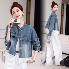短款牛仔外套女2025年早春新款韩版立领蕾丝花边休闲百搭女士上衣，女装牛仔外套，星宇服饰