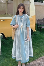 镂空蕾丝罩衫连衣裙套装女2025夏季新款法式温柔风盐系穿搭两件套，女装套装/套裙，2C201