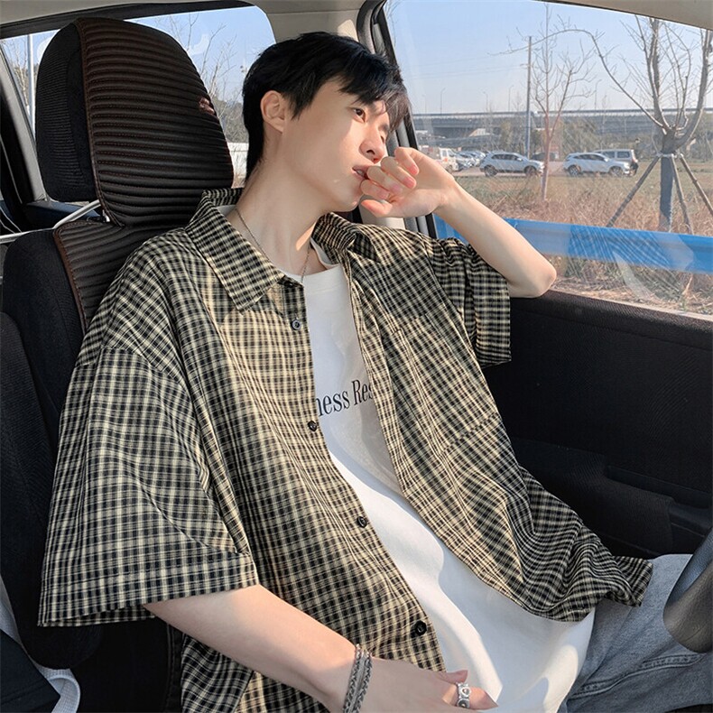 特批P25无差价夏季小众设计感格子翻领宽松短袖衬衫外套男CD5493，男装衬衫，电商A001-1