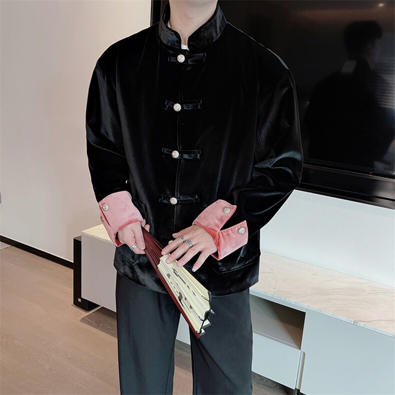 抖音新中式丝绒唐装外套男金属盘扣立领西装时尚夹克0077P140,男装夹克,电商B267
