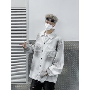 做旧毛边字母牛仔外套男vintage美式休闲夹克春秋季宽松潮牌上衣图片