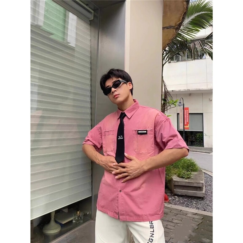 新款水洗复古领带渐变做旧短袖衬衫男女同款宽松衬衣GA154-P55,男装T恤,星座208-5