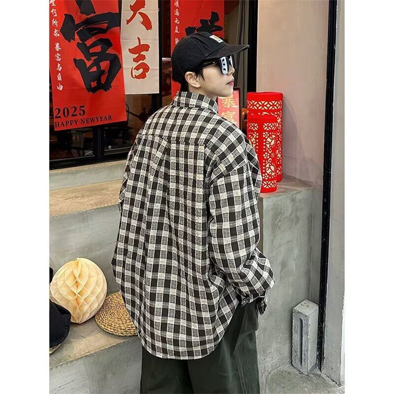 W9738-P48网图现货新款雅痞风衬衫外套宽松叠穿格子衬衣开衫,男装衬衫,星座1608-2