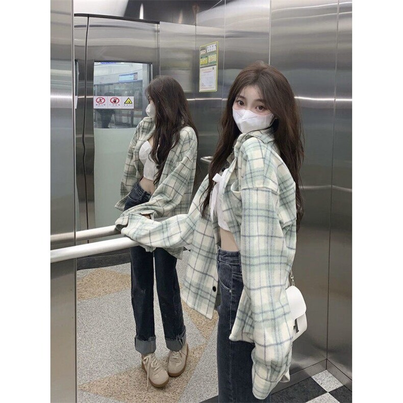 甜美风绿色格子春秋衬衫新款复古设计感百搭小众衬衣上衣潮CYC93，男装衬衫，星座1116A（原606A-3）