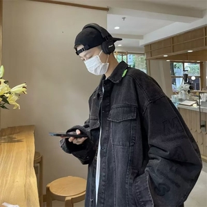 美式复古烟灰色刺绣牛仔外套oversize高街男春秋水洗褂子工装夹克图片