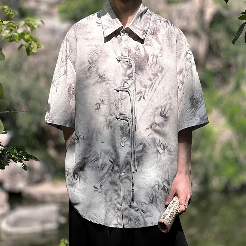 新中式风竹叶水墨画扎染冰丝大码复古衬衫短袖CS33-P65-控88,男装衬衫,电商A021