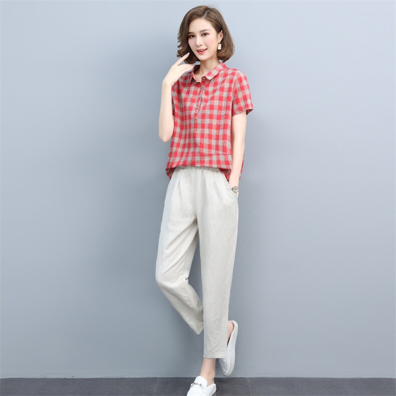 短袖格子衬衫女夏2021新款韩版宽松显瘦拼接套头百搭衬衣女上衣棉,女装套装/套裙,璐依舞