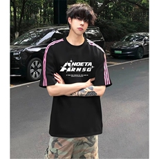 抖音得物品质二开240克宽松纯棉美式潮牌印花三条杠中性风短袖T恤，男装T恤，电商A486-1