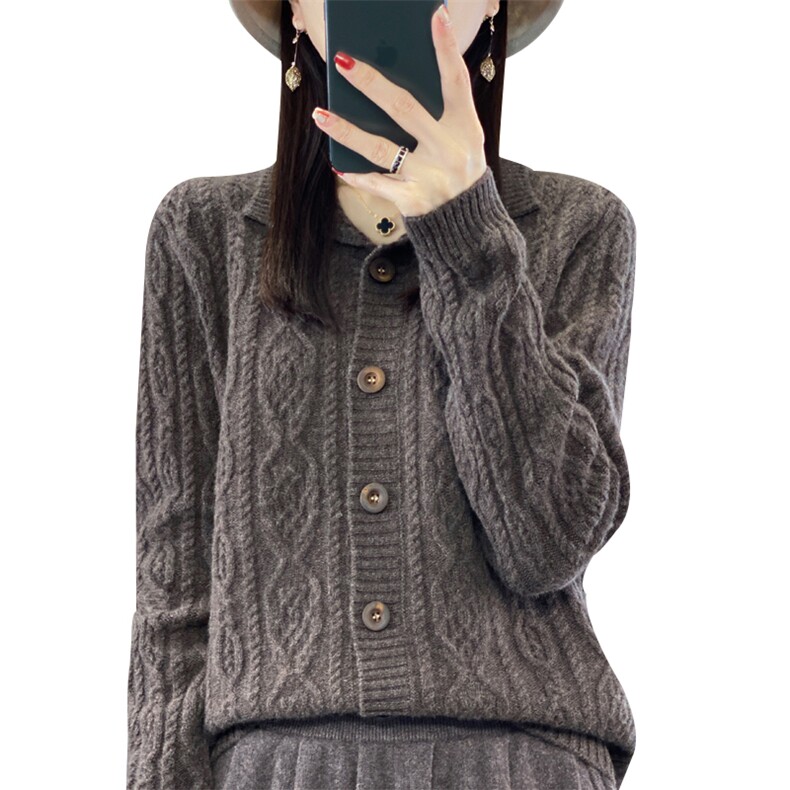 秋冬翻领100%羊毛衫绞花开衫女加厚宽松慵懒长袖羊绒针织外套上衣,女装羊毛衫,昭美羊绒