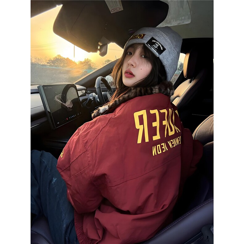 美式豹纹红色工装棉服男女冬季加厚座山雕外套棉衣本命年毛领棉袄,男装棉衣,星座1210-1