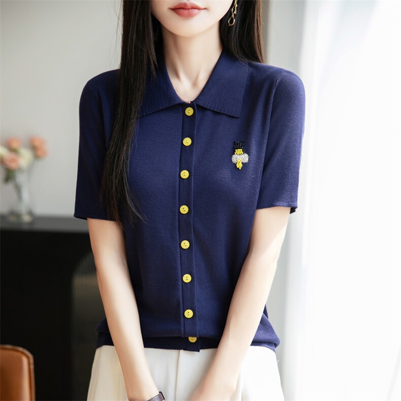 天丝翻领蜜蜂短袖,女装T恤,暖娇绒包芯纱店