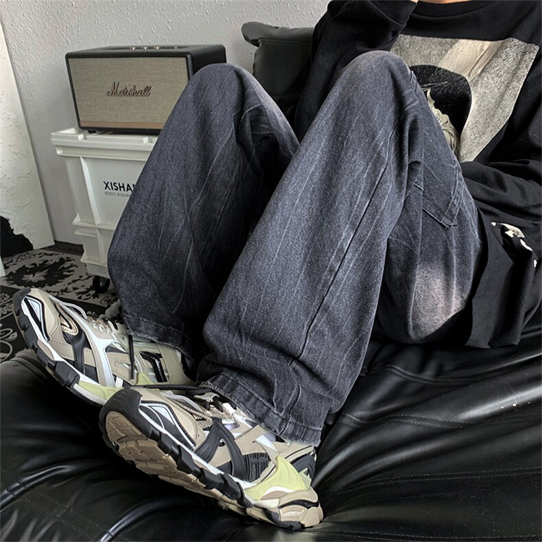 美式高街阔腿拖地裤宽松直筒长裤秋冬潮牌重磅牛仔裤男 K5554-P45图片