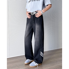 美式三条杠牛仔裤男cleanfit潮牌条纹设计感阔腿裤子N01139-P48，男装牛仔裤，星座308B-2