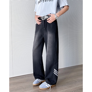 美式三条杠牛仔裤男cleanfit潮牌条纹设计感阔腿裤子N01139-P48图片