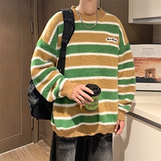 秋款男圆领毛衣条纹拼色貂毛针织衫贴标外套M130P60，男装针织衫/毛衣，星座1013-1