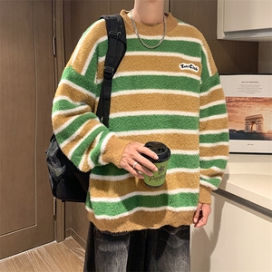 秋款男圆领毛衣条纹拼色貂毛针织衫贴标外套M130 P60图片