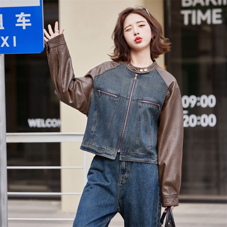 美式复古棕色皮衣拼接牛仔外套女春秋季2024新款休闲短款夹克上衣,女装皮衣,莜菲儿
