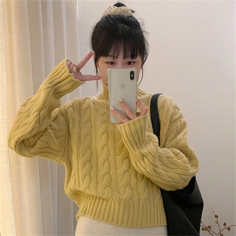 2025年秋季新款百搭女士短款高领加厚麻花羊毛衫,女装羊毛衫,新胜羊绒