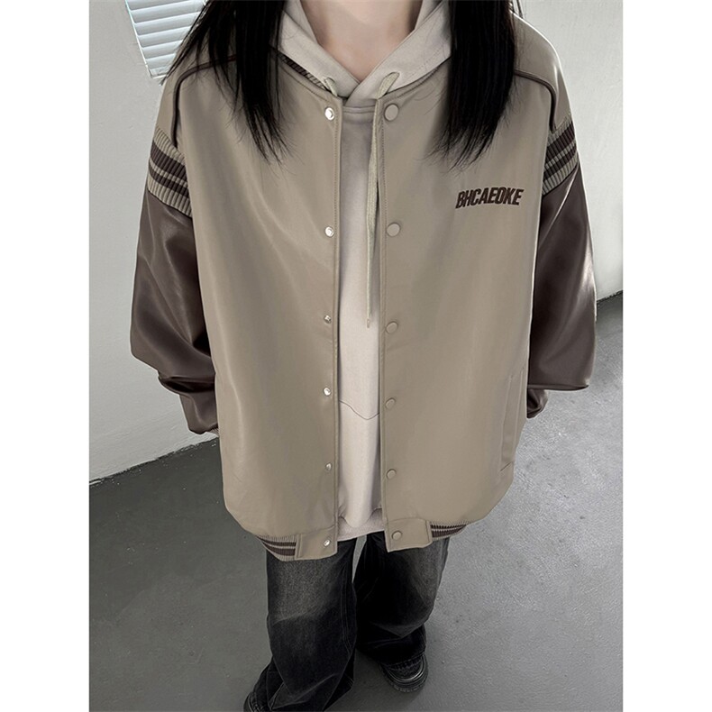主推 美式复古拼接罗纹pu棒球服情侣皮衣夹克外套男女 G1094 P108图片