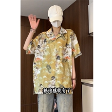 控价59扎染花衬衫水墨印花风衬衫多色宽松短袖衬衫CS891P35，男装衬衫，电商A128