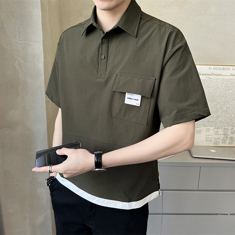 轻熟风男士polo衫重磅设计感款工装假两件短袖T恤半袖A409-1图片