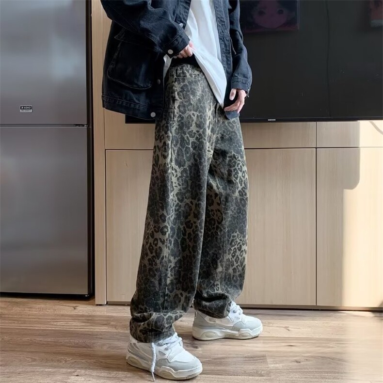 潮男秋季美式复古重磅豹纹水洗阔腿裤潮牌痞帅宽松直筒休闲长裤子,男装休闲裤,星座601-2