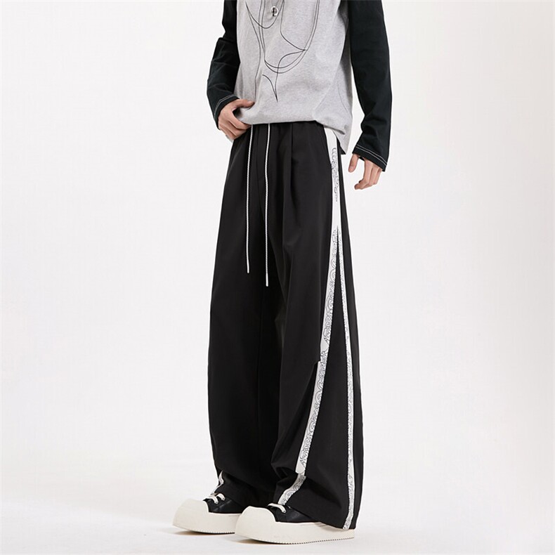 2025春夏条纹撞色设计感弯刀阔腿裤男宽松垂感运动休闲裤2512-P45，男装休闲裤，电商C305A