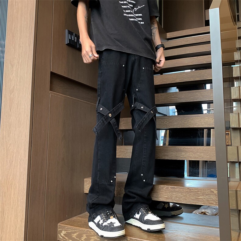XZ221-1/K1503/P55美式高街工装绑带微喇叭休闲牛仔裤,男装牛仔裤,星座221-1