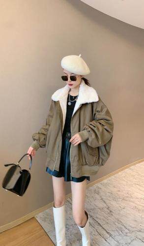 仿羊羔毛领短款派克服，女装，肆尔