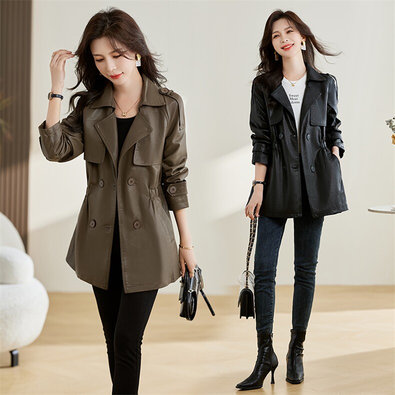 修身收腰双排扣高级感西装领2023年秋季新款时髦洋气小个子皮衣，女装风衣，贵人树