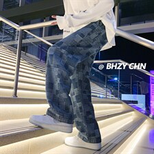 棋盘格牛仔裤男春秋2025新款美式高街vibe风潮牌痞帅阔腿休闲长裤，男装休闲裤，电商A042
