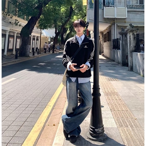 抖音得物 美式全棉三条杠立领卫衣半拉链外套 印花卫衣 A2902图片