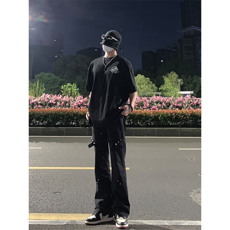 已授权 美式hiphop裤子高街vibe交叉绑带牛仔裤修身直筒微喇叭裤图片