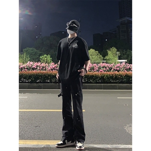 已授权 美式hiphop裤子高街vibe交叉绑带牛仔裤修身直筒微喇叭裤图片